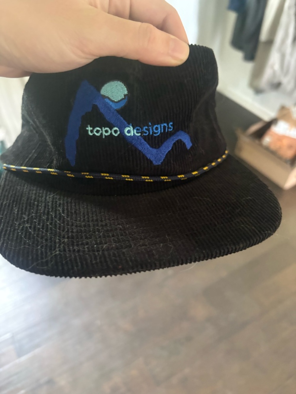 Topo Designs Black Corduroy Hat with Blue & Teal Logo